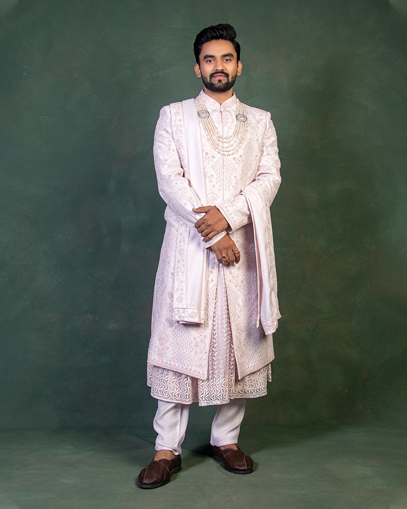Baby Pink Shade Sherwani with Jacket and Dupatta for Wedding Groom