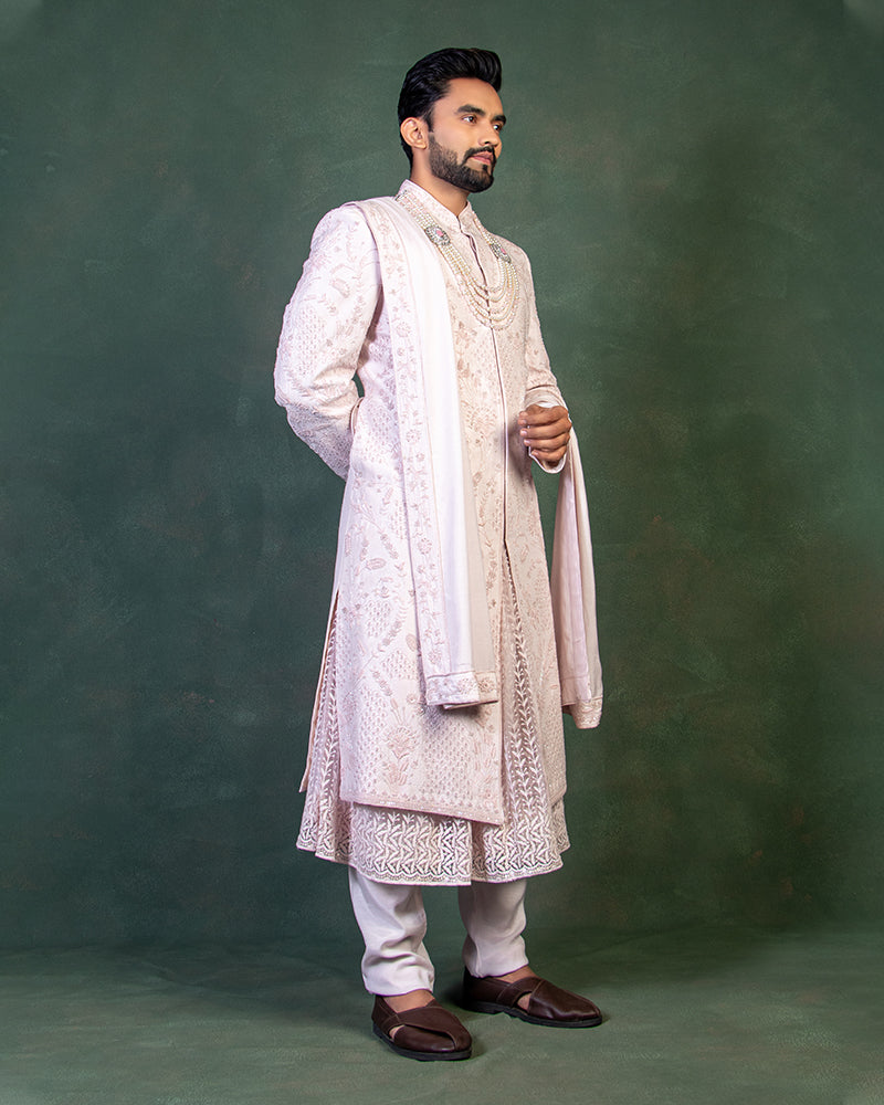 Baby Pink Shade Sherwani with Jacket and Dupatta for Wedding Groom