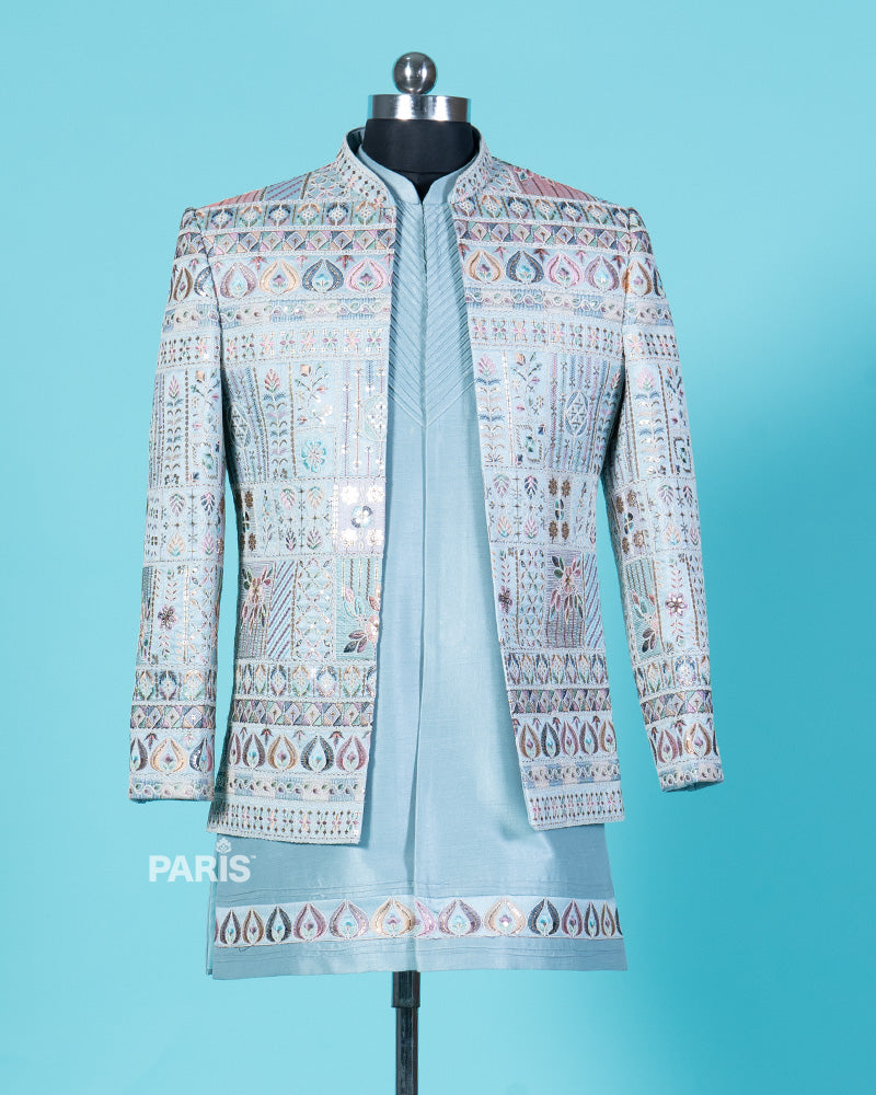 Pastel Blue Embroidered Kurta Set with Jacket and Pajama 01