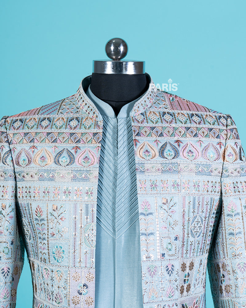 Pastel Blue Embroidered Kurta Set with Jacket and Pajama 02