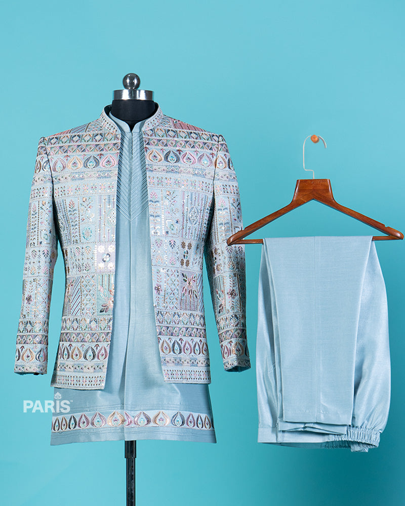 Pastel Blue Embroidered Kurta Set with Jacket and Pajama 03