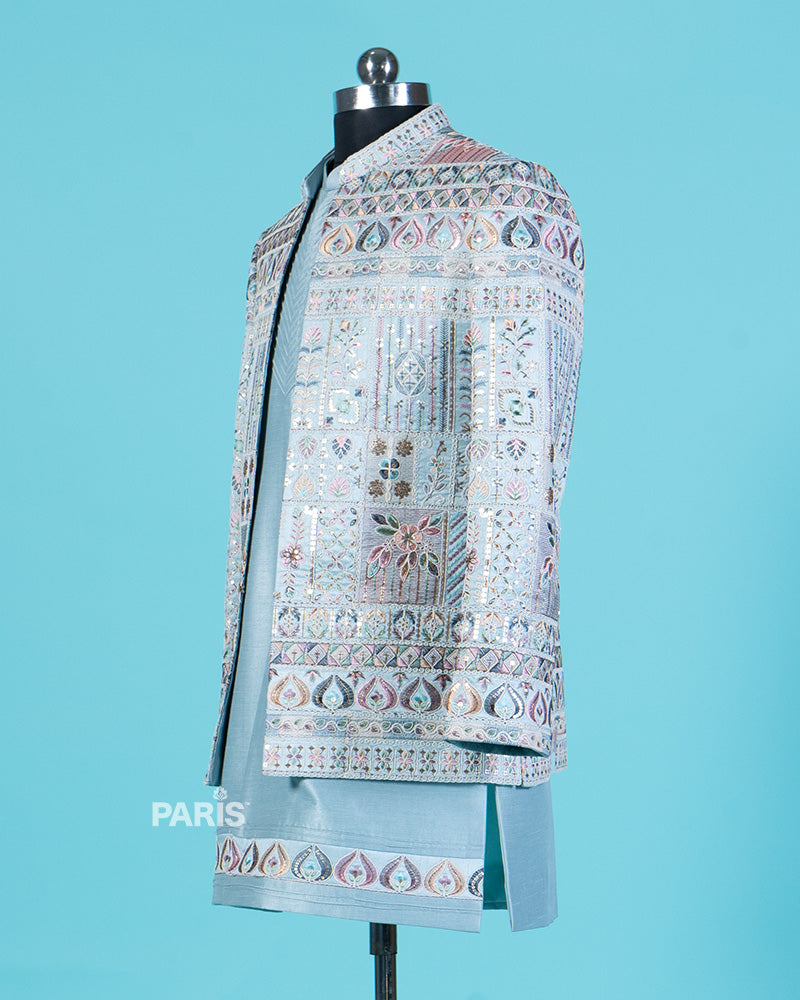 Pastel Blue Embroidered Kurta Set with Jacket and Pajama 04