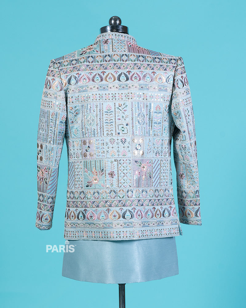 Pastel Blue Embroidered Kurta Set with Jacket and Pajama 06