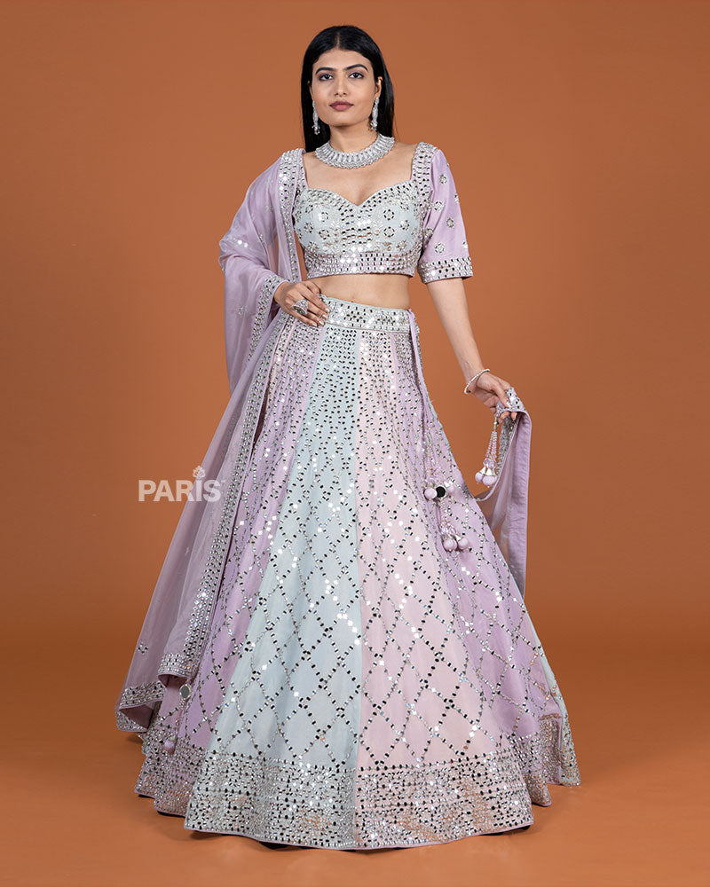 Floral Printed Lehenga with Mirror Work & Tasseled Choli and Ombre Dupatta