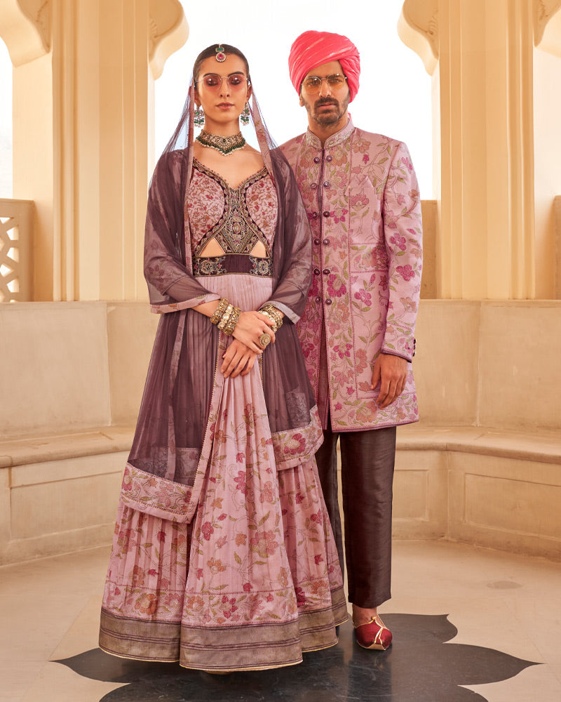 Peach Floral Printed Anarkali Dress and Men Kurta Set