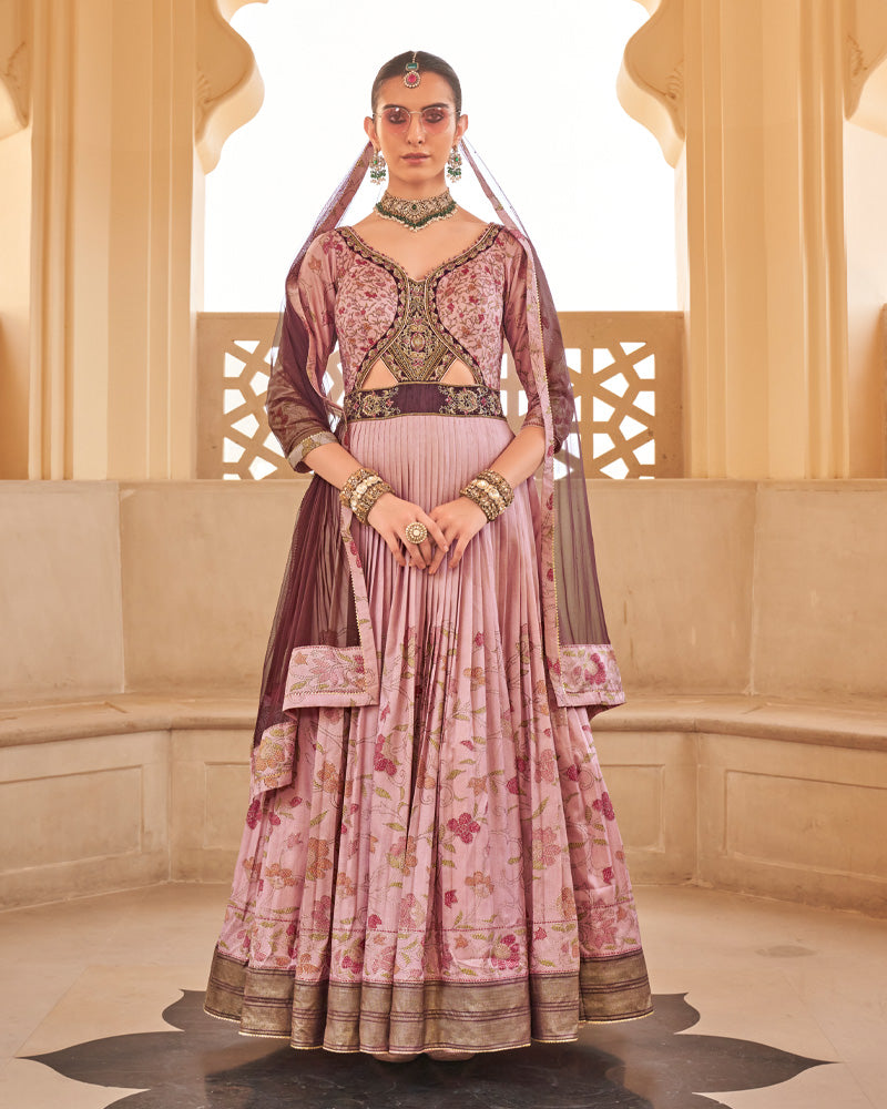 Peach Floral Printed Anarkali Dress and Men Kurta Set