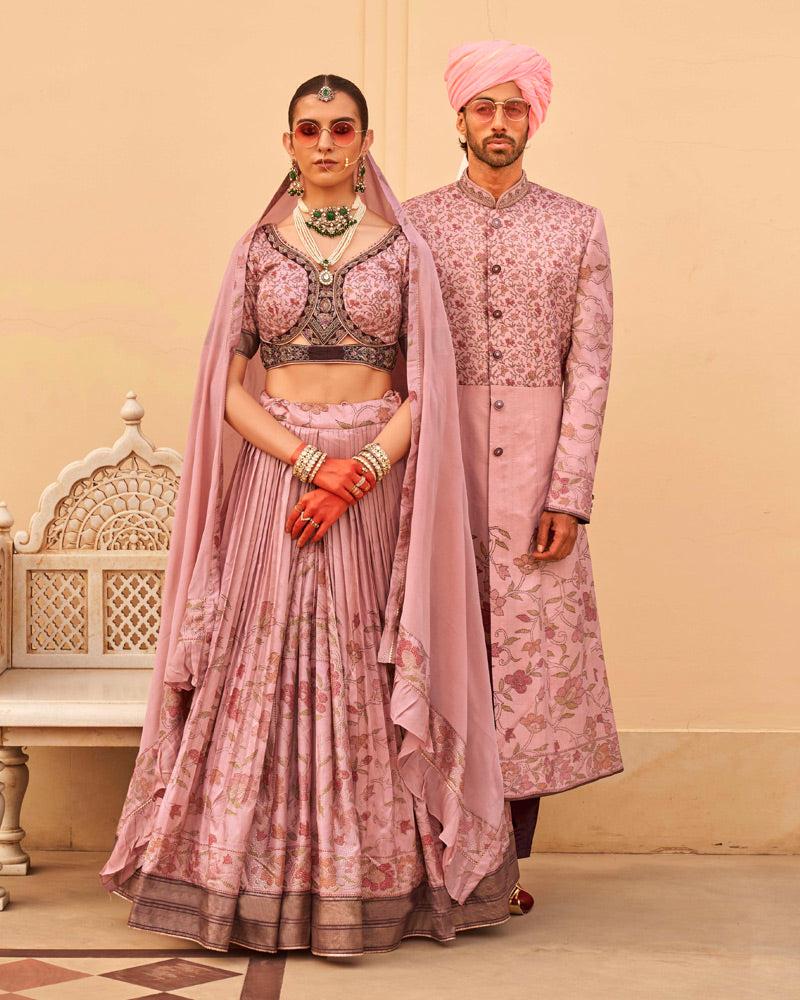Peach Floral Printed Lehenga Set and Men Indowestern Kurta Set
