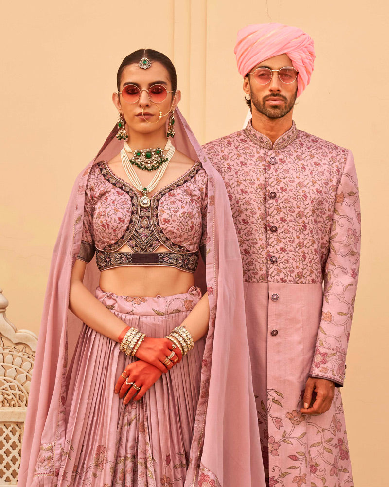 Peach Floral Printed Lehenga Set and Men Indowestern Kurta Set