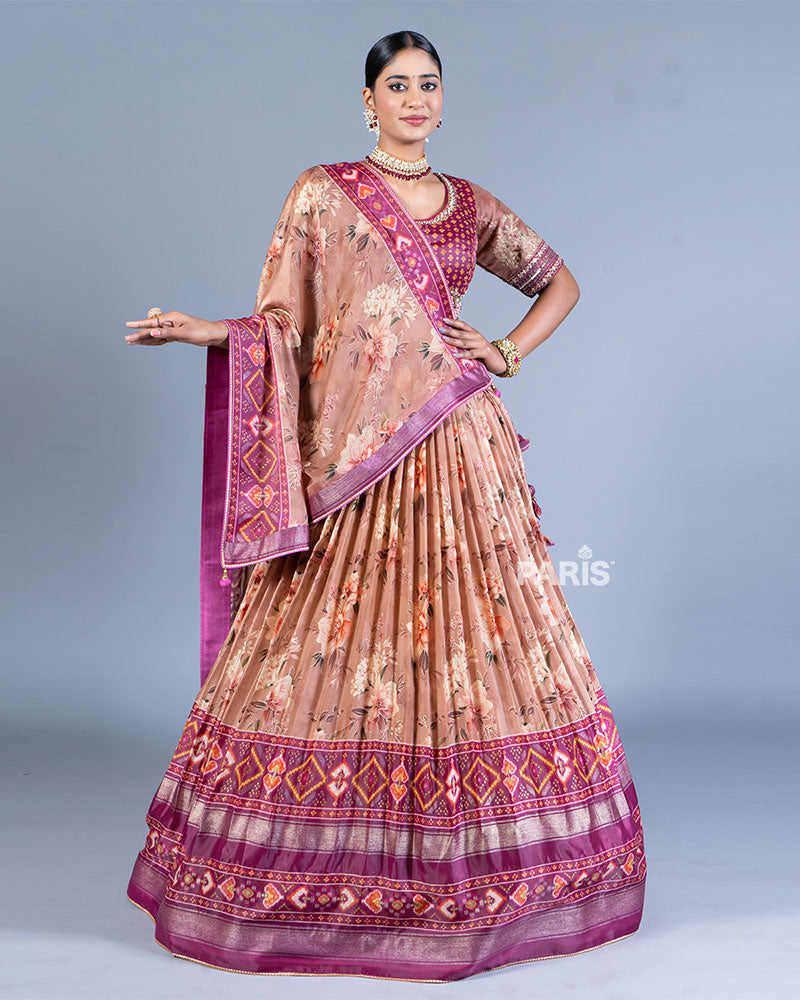 Peach Floral Pleated Lehenga and Embellished Choli with Dupatta  01