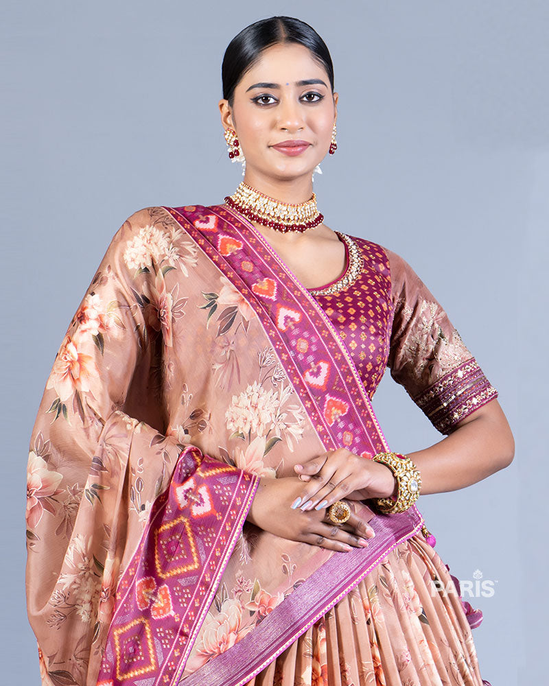 Peach Floral Pleated Lehenga and Embellished Choli with Dupatta  02