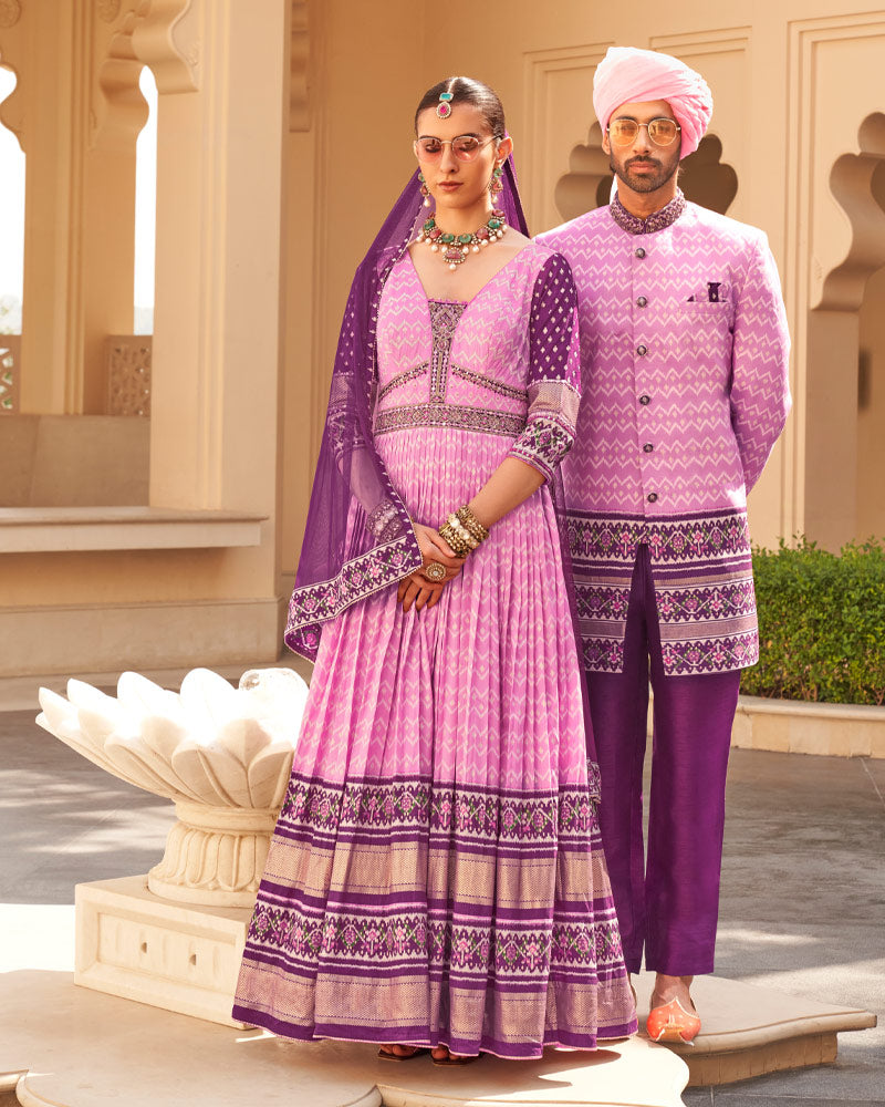 Pink Anarkali Dress and Men Blue Kurta Set