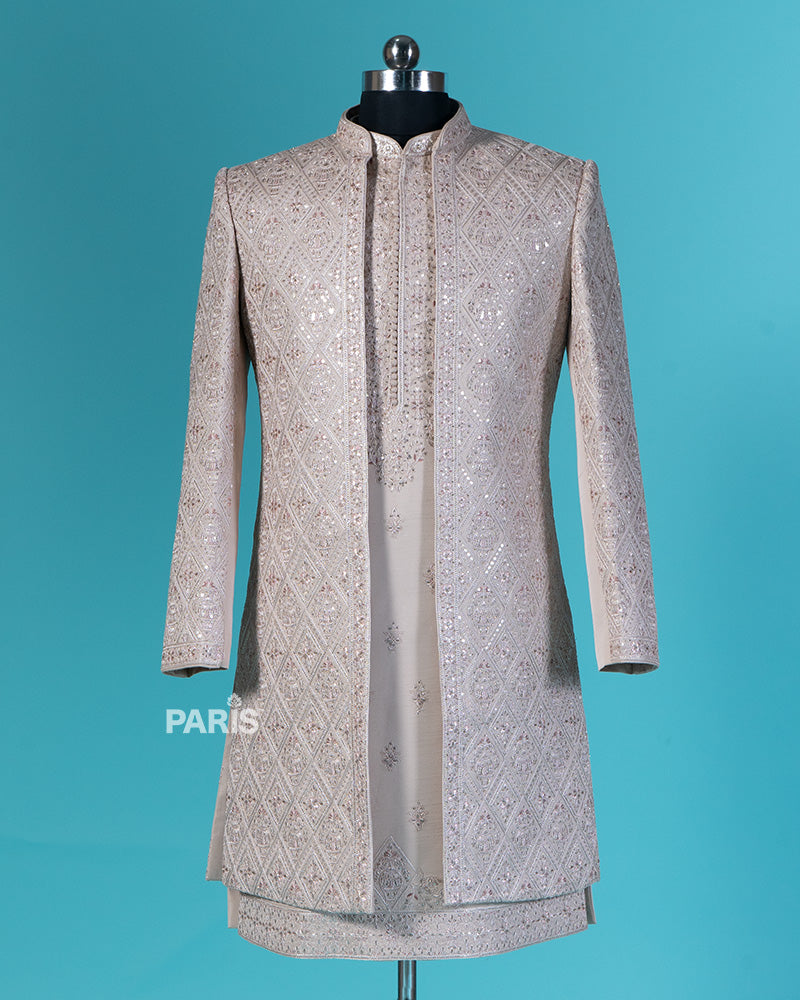 Pink Swan Embroidered Sherwani and Jacket with Pajama 01