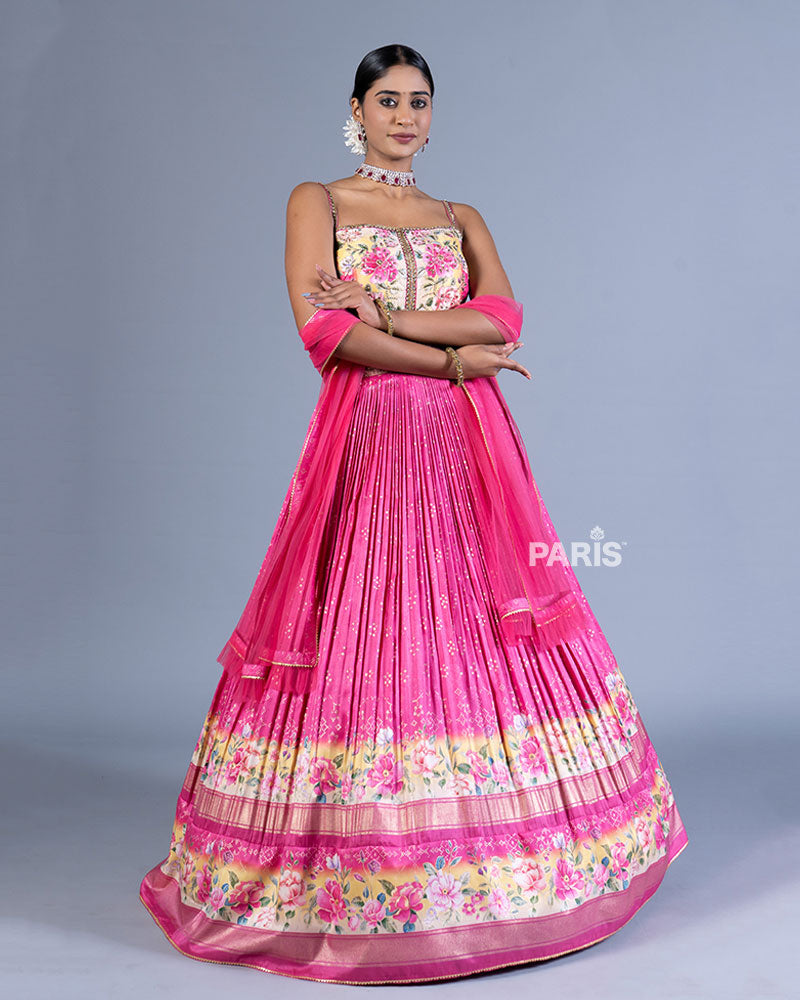 Pink and Cream Floral Printed Gown with Sheer Dupatta 01