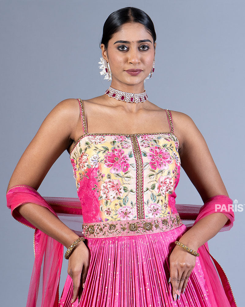 Pink and Cream Floral Printed Gown with Sheer Dupatta 02