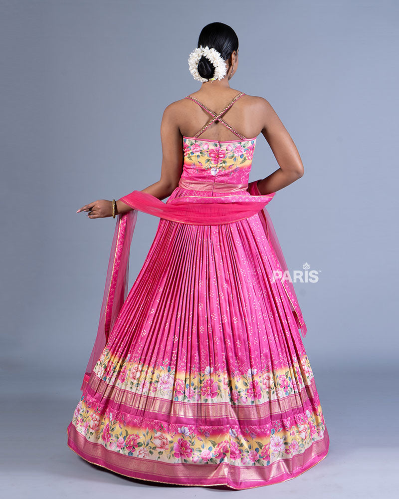 Pink and Cream Floral Printed Gown with Sheer Dupatta 03