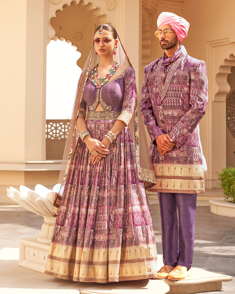 Plum Printed Anarkali Dress and Men Kurta Set