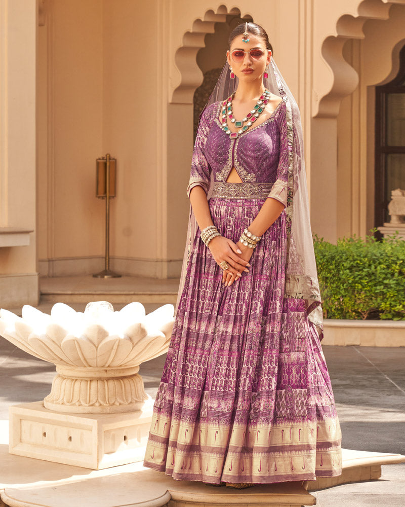 Plum Printed Anarkali Dress and Men Kurta Set