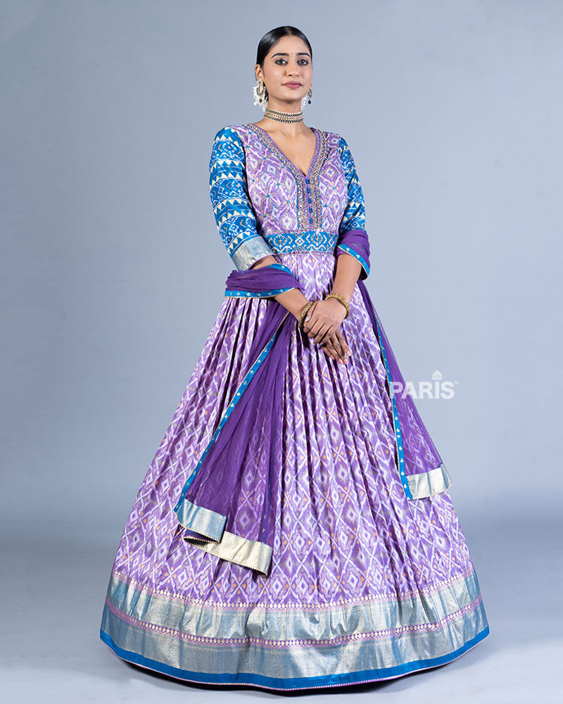 Purple Printed Gown with Silver Blue Detailing and Dupatta 01