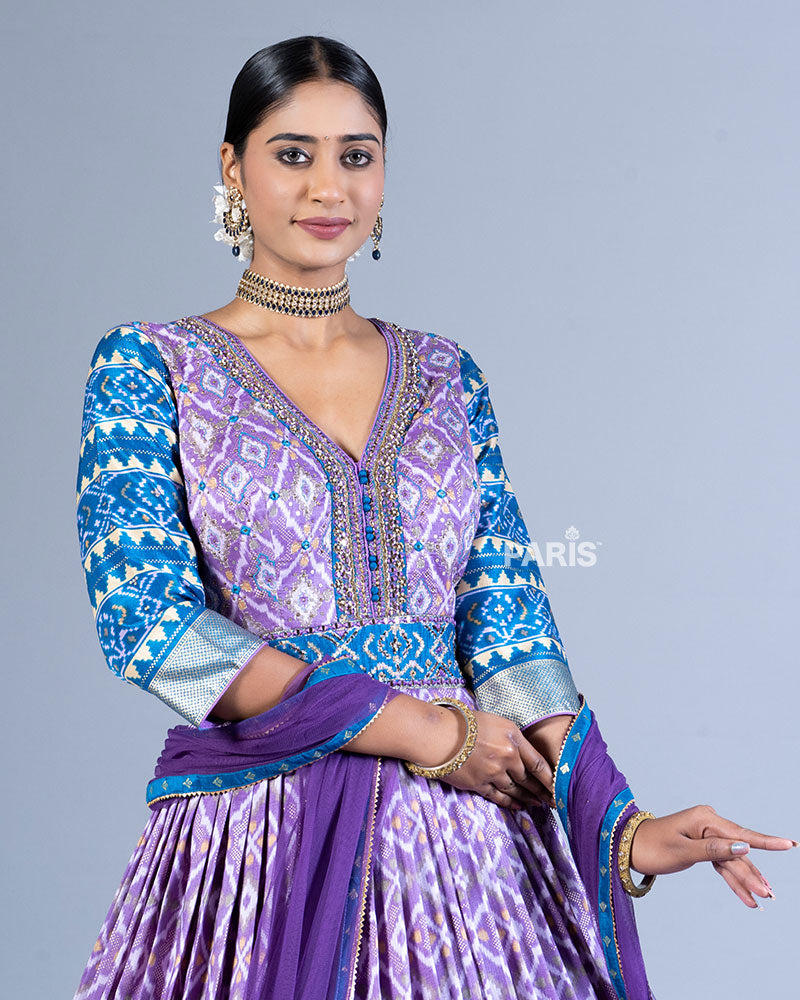 Purple Printed Gown with Silver Blue Detailing and Dupatta 02