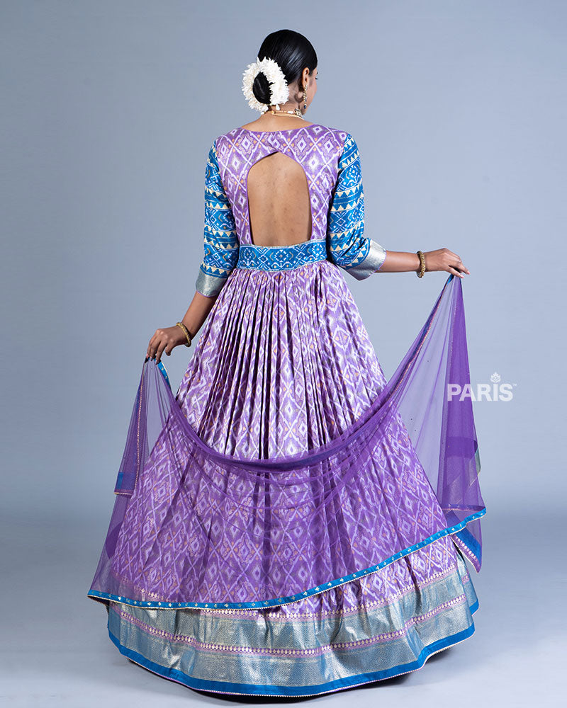 Purple Printed Gown with Silver Blue Detailing and Dupatta 03