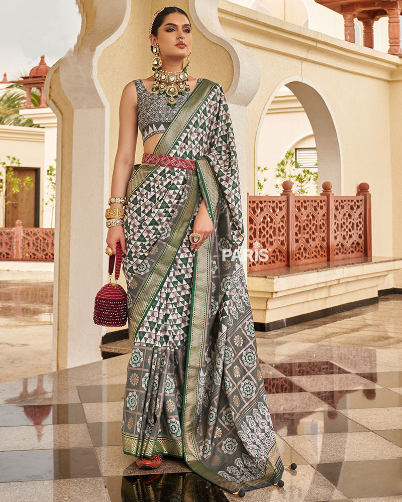 Green & White Geometric Printed Embellished Zari Border Silk Saree with Unstitched Blouse