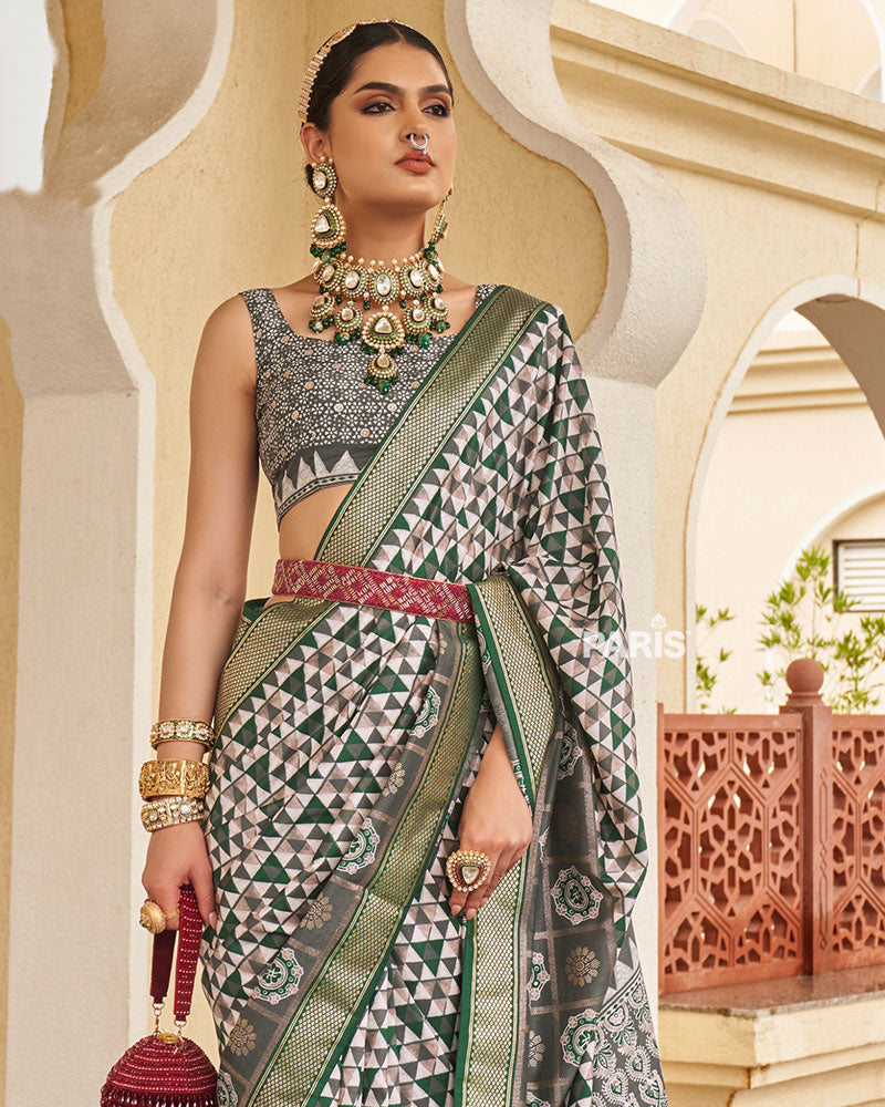 Green & White Geometric Printed Embellished Zari Border Silk Saree with Unstitched Blouse