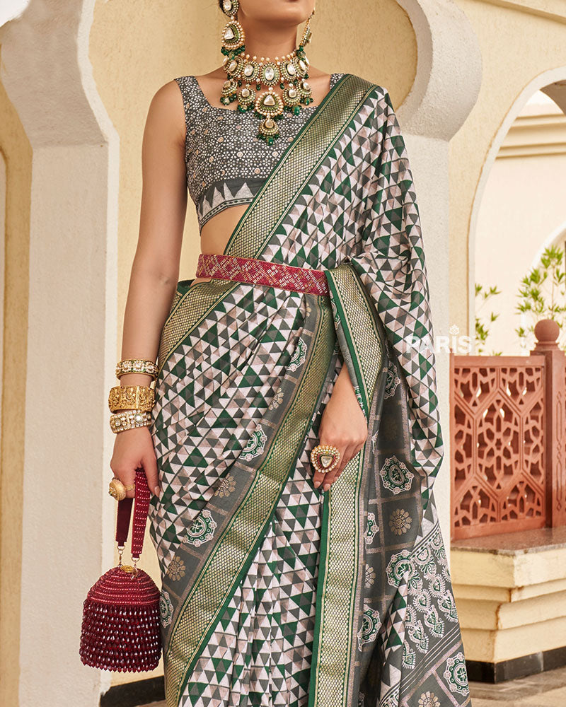 Green & White Geometric Printed Embellished Zari Border Silk Saree with Unstitched Blouse