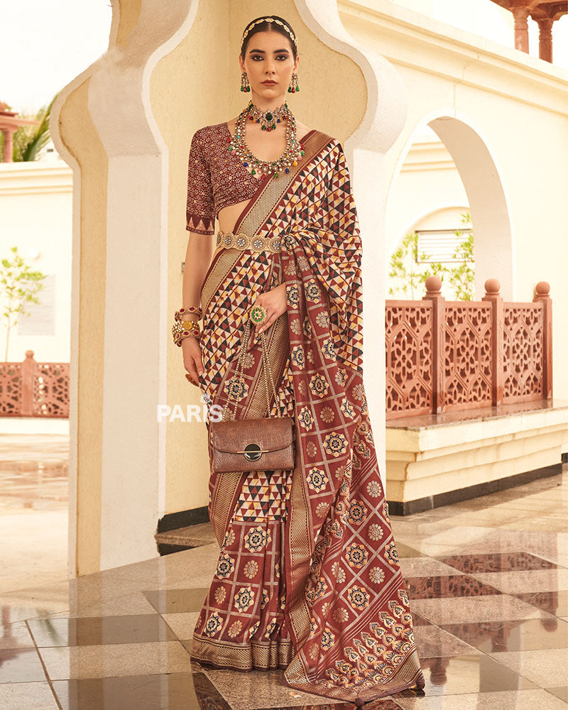 Brown & Cream Geometric Printed Embellished Zari Border Silk Saree with Unstitched Blouse