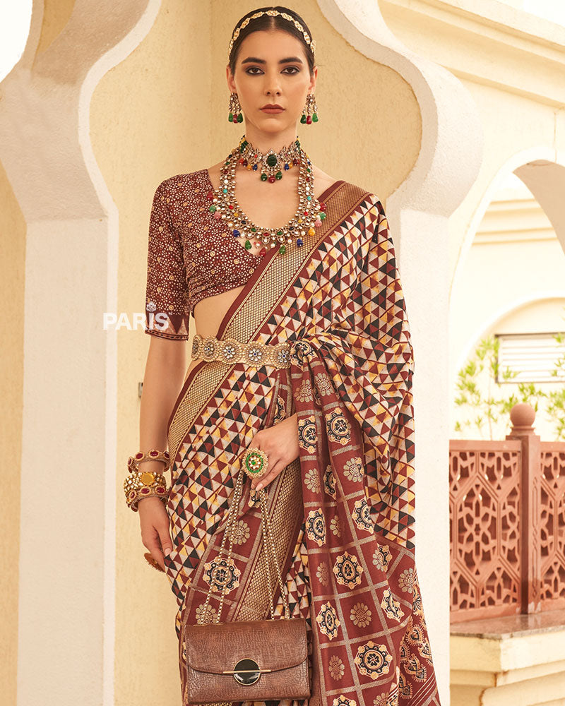 Brown & Cream Geometric Printed Embellished Zari Border Silk Saree with Unstitched Blouse
