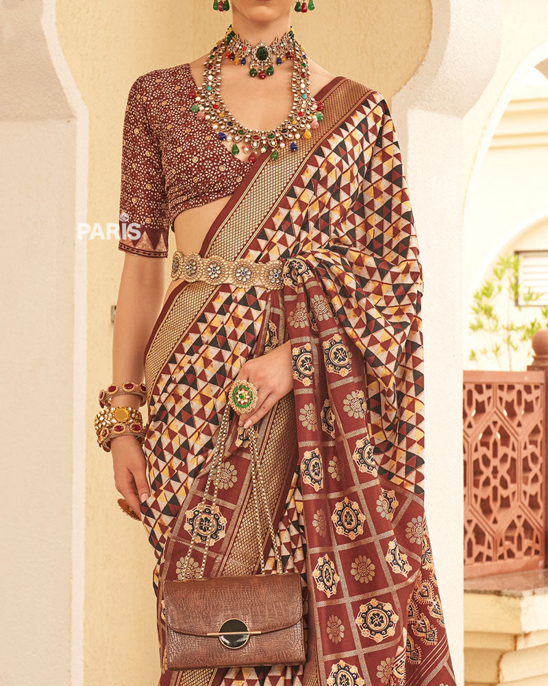 Brown & Cream Geometric Printed Embellished Zari Border Silk Saree with Unstitched Blouse