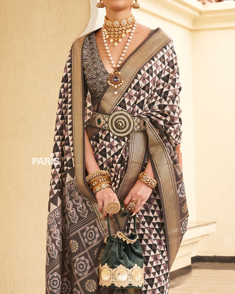 Dark Brown & Cream Geometric Printed Embellished Zari Border Silk Saree with Unstitched Blouse