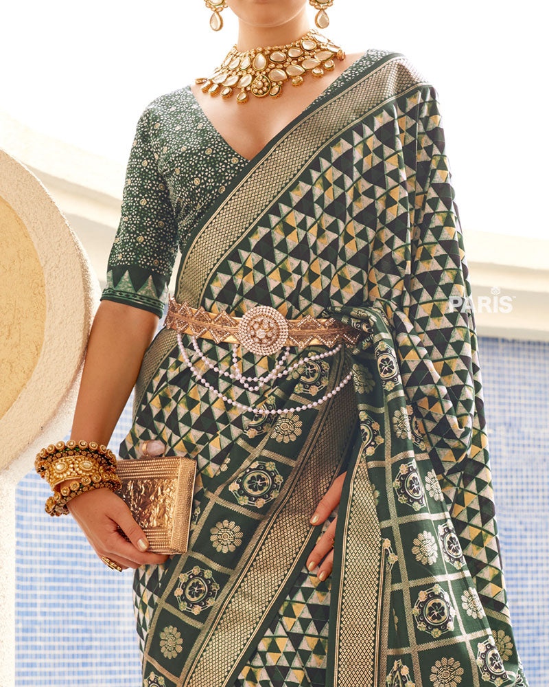 Green & Cream Geometric Printed Embellished Zari Border Silk Saree with Unstitched Blouse