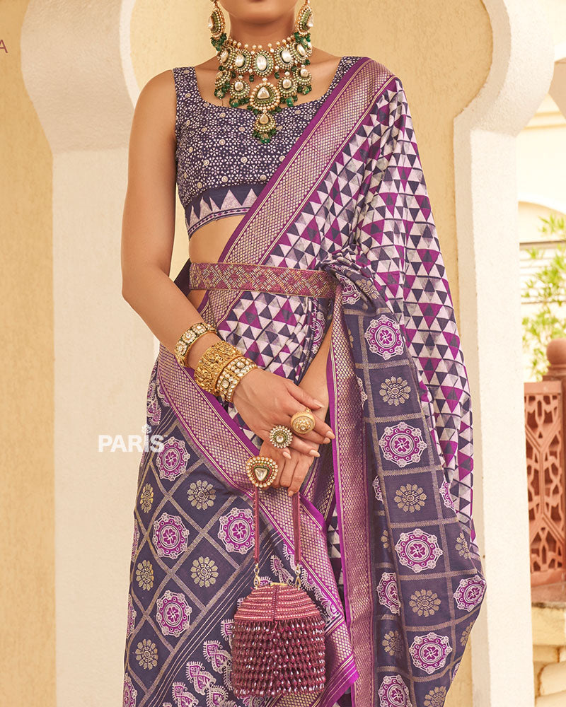 Purple & White Geometric Printed Embellished Zari Border Silk Saree with Unstitched Blouse