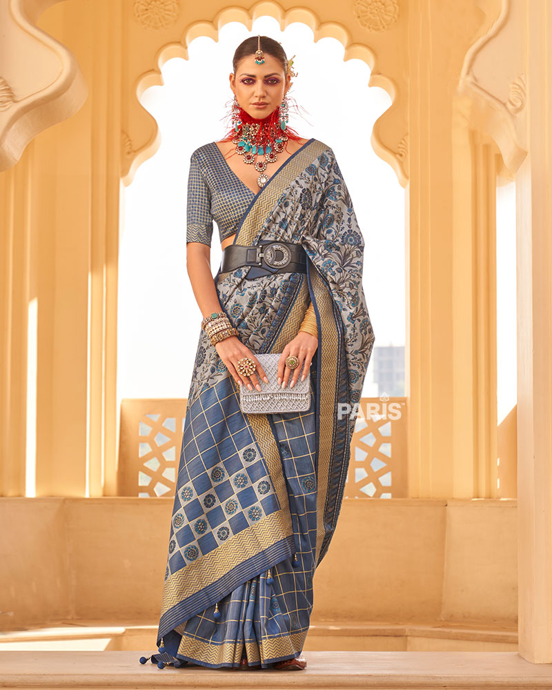 Lynch Blue & Grey Patola Silk Saree