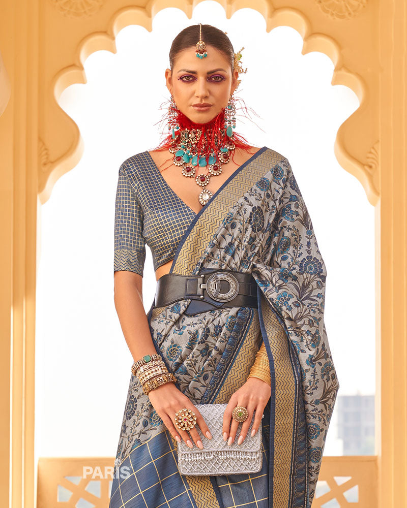 Lynch Blue & Grey Patola Silk Saree