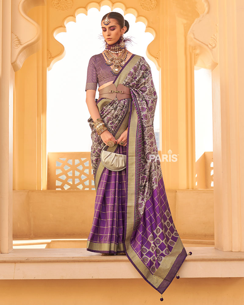 Purple & Beige Patola Silk Saree with Zari