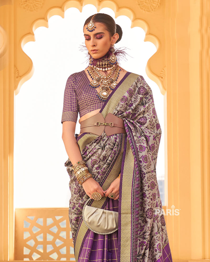 Purple & Beige Patola Silk Saree with Zari