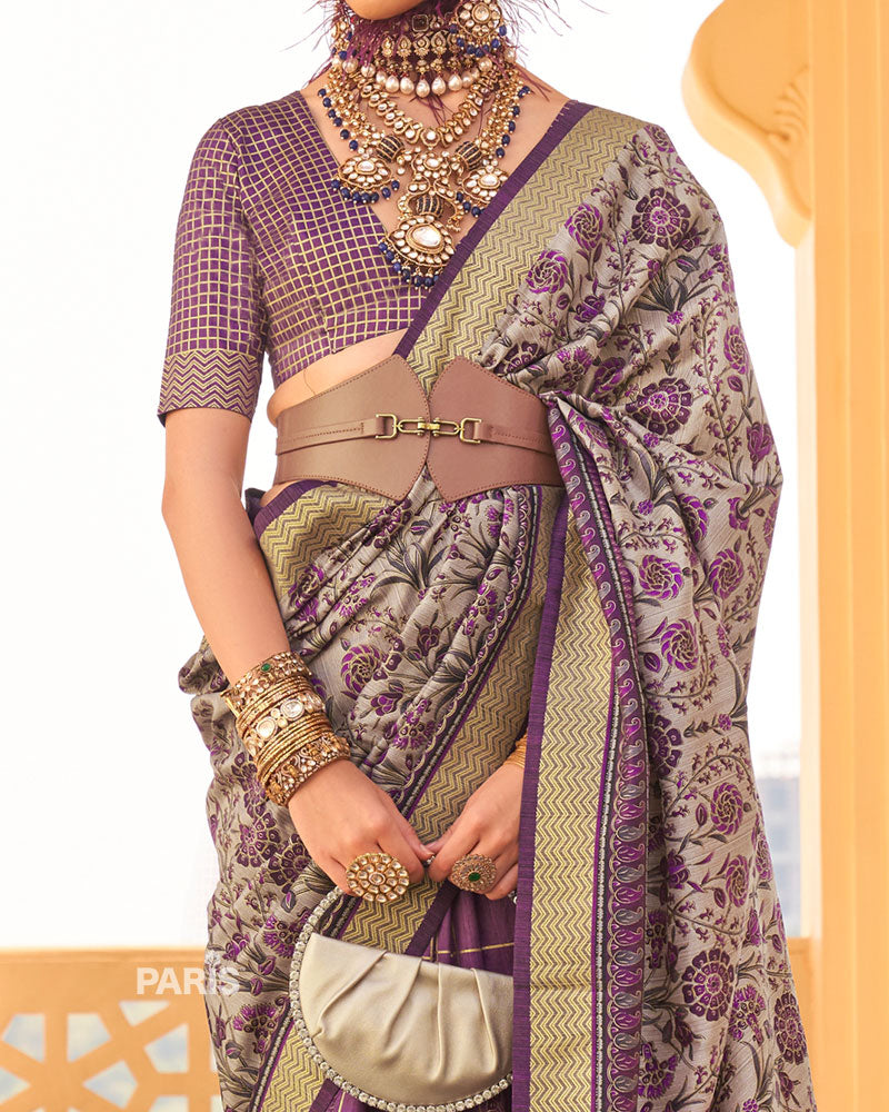 Purple & Beige Patola Silk Saree with Zari