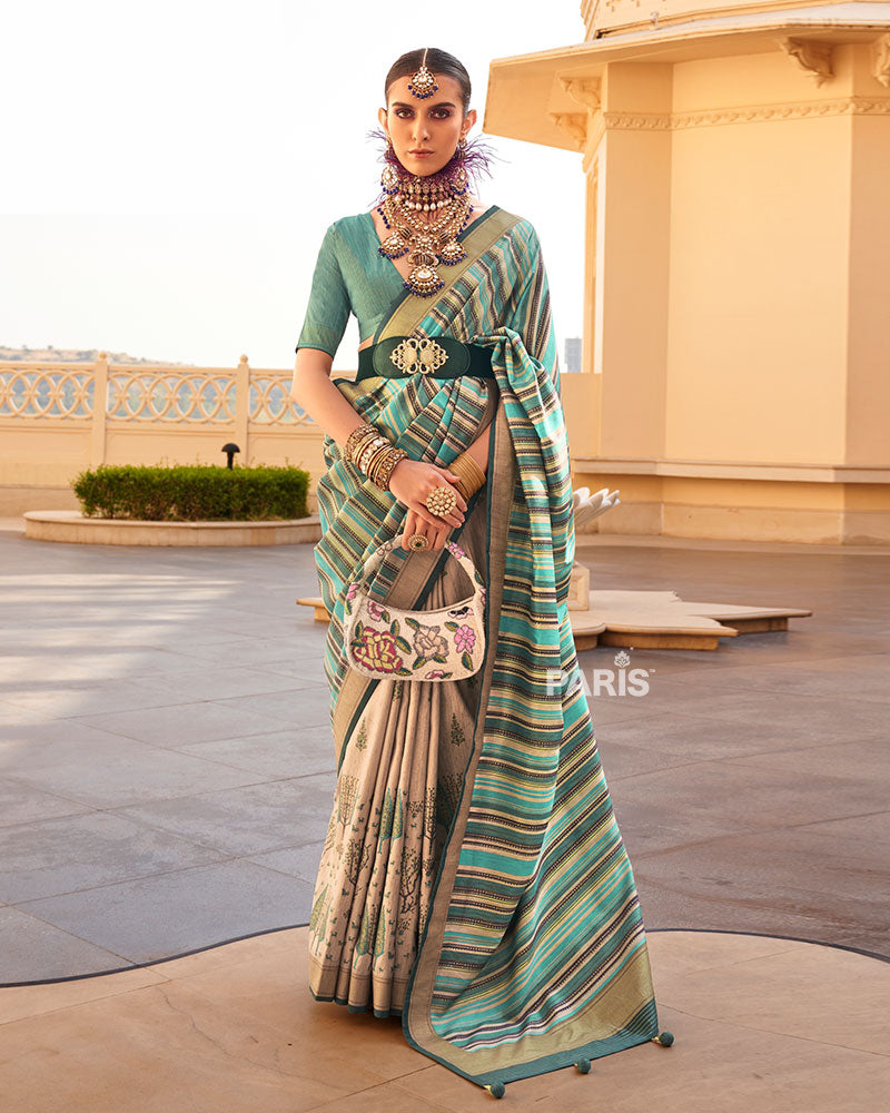 Teal Green & Beige Silk Saree with Zari Work