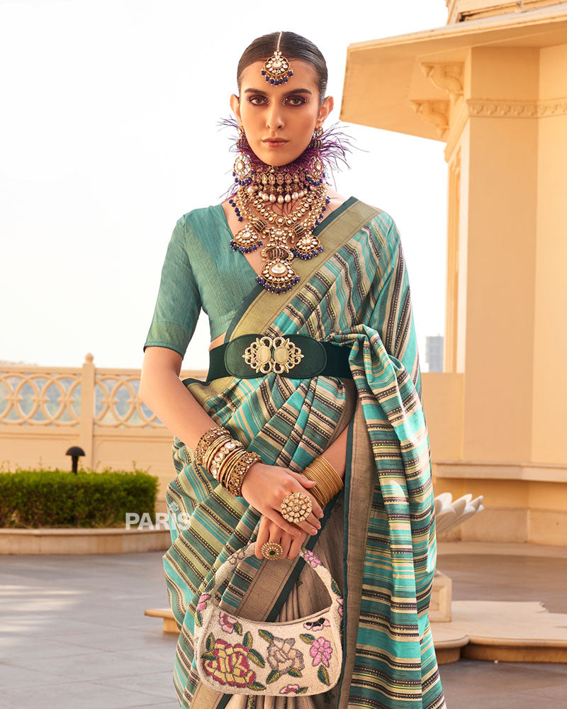 Teal Green & Beige Silk Saree with Zari Work