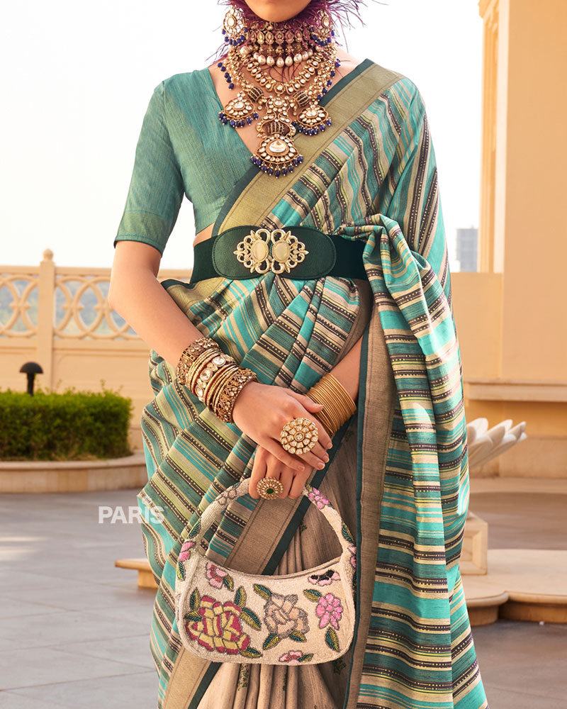 Teal Green & Beige Silk Saree with Zari Work