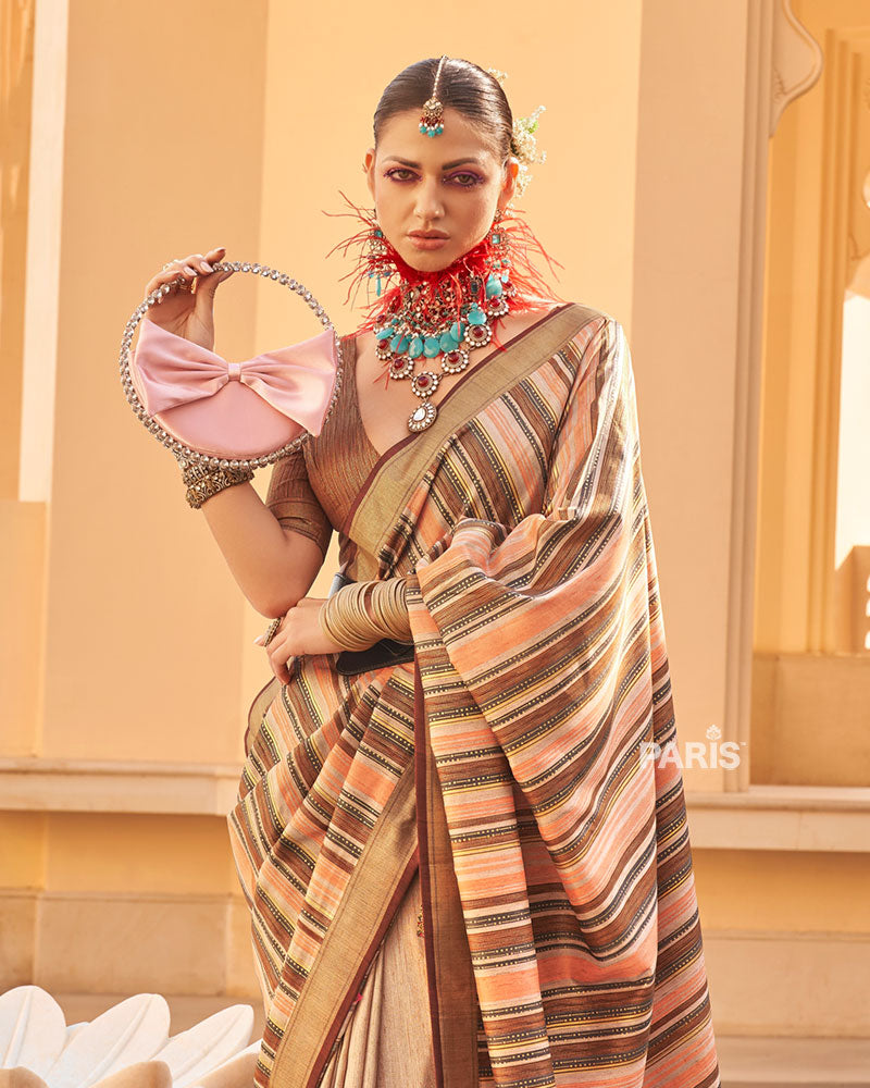 Brown & Beige Silk Saree with Zari Embroidery