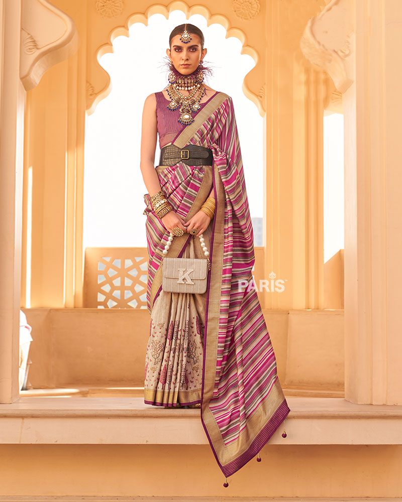 Pink & Beige Silk Saree with Zari Detailing