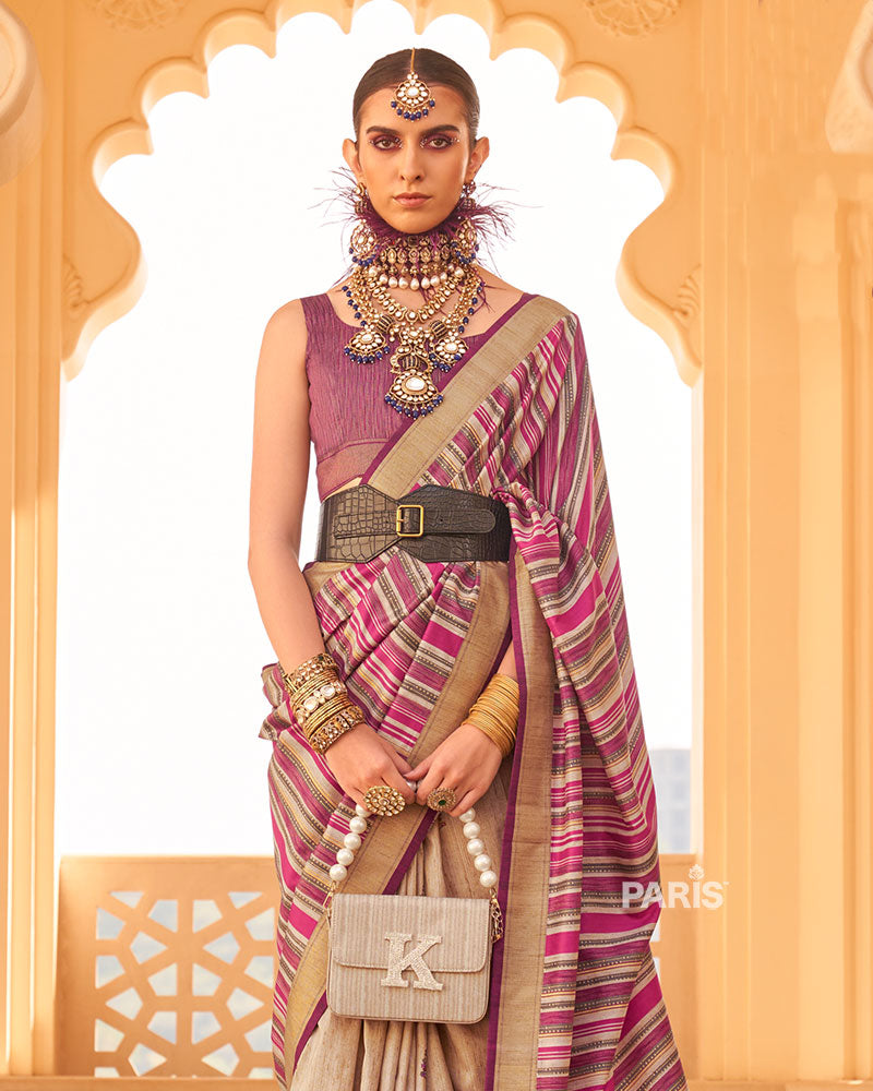 Pink & Beige Silk Saree with Zari Detailing