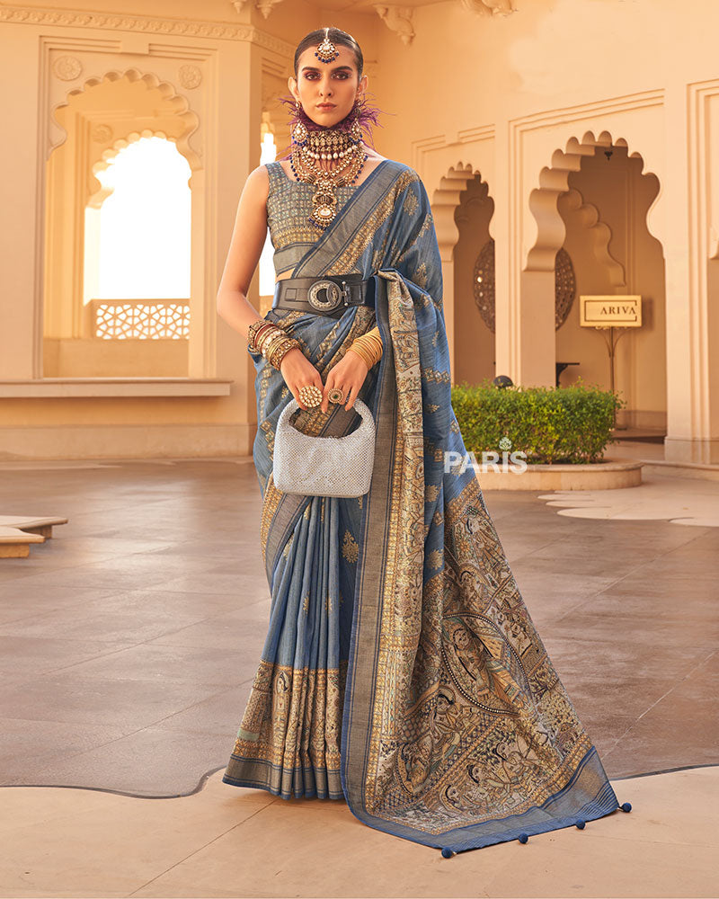 Blue Zari Embellished Silk Saree with Border