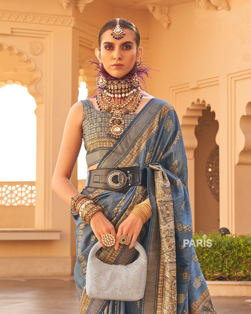 Blue Zari Embellished Silk Saree with Border