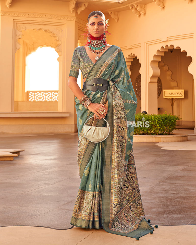 Green Zari Embellished Silk Saree with Border