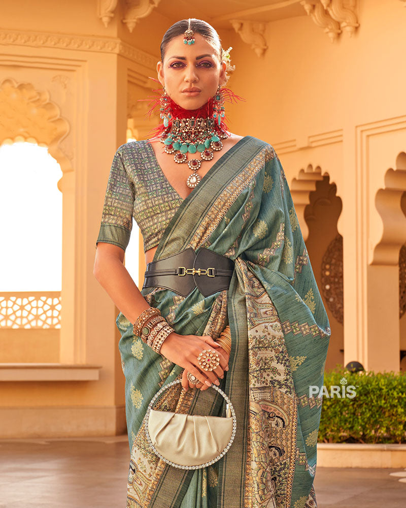 Green Zari Embellished Silk Saree with Border