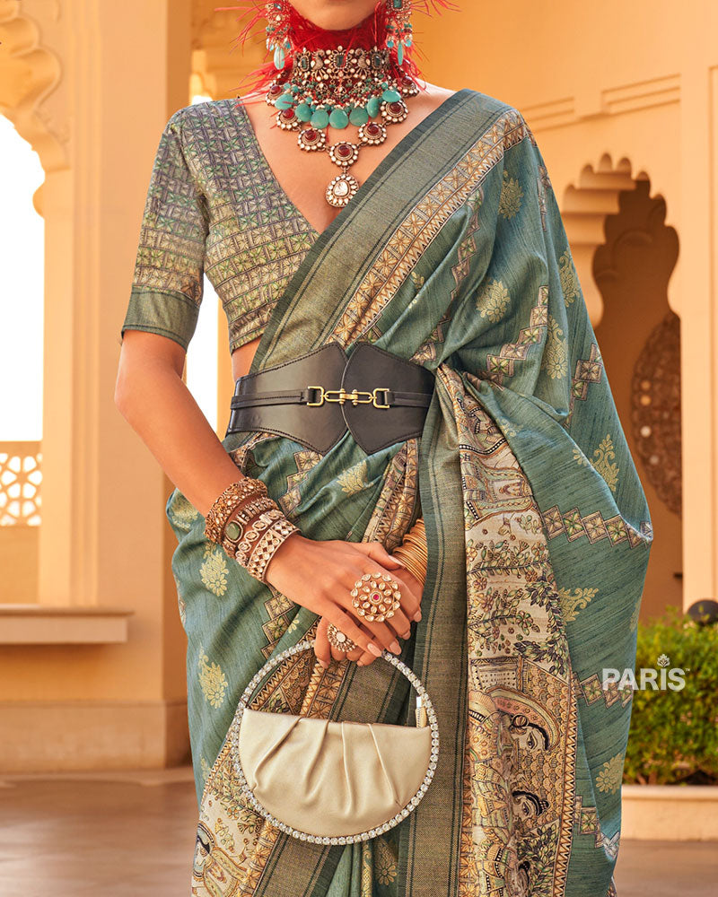 Green Zari Embellished Silk Saree with Border