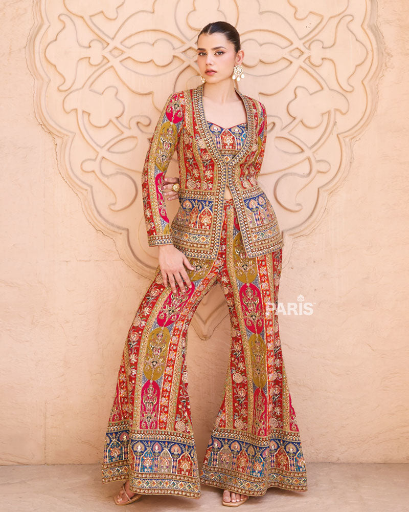 Red & Mustard Embroidered Indo Western Set – Festive Designer Silk